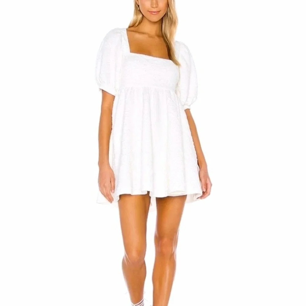 Free People Violet Babydoll Mini Dress Cream Textured Puff Sleeve Tie Back XS